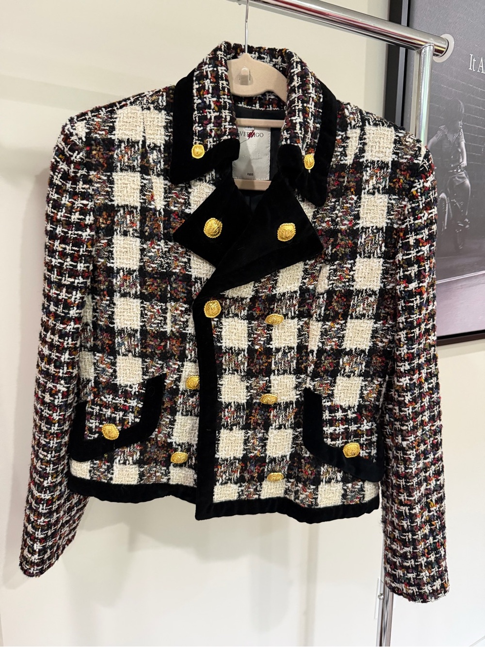 Vertigo Paris rare vintage plaid and velvet jacket with gold buttons size medium